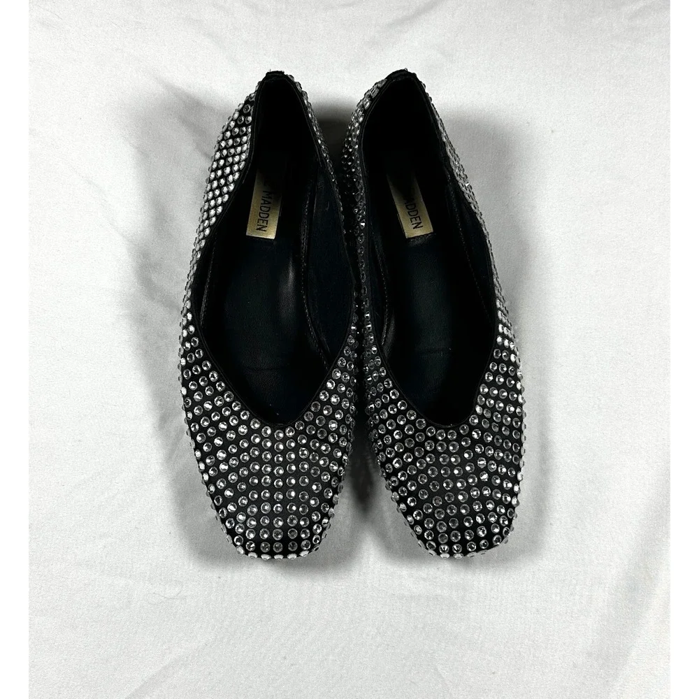 Steve Madden Matais Rhinestone Ballet Flats Black Crystal Square‎ Toe  8M
